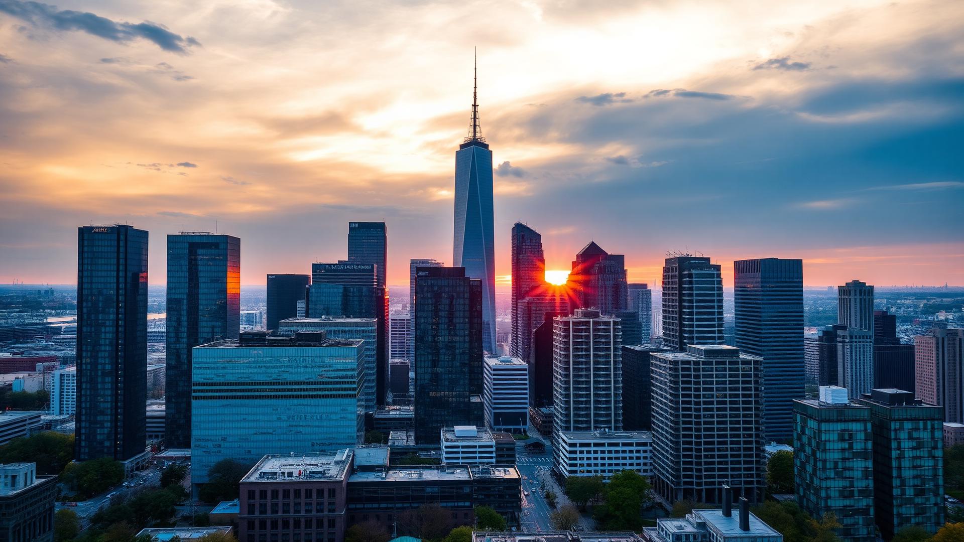 Downtown city skyline at sunset, commercial coverage