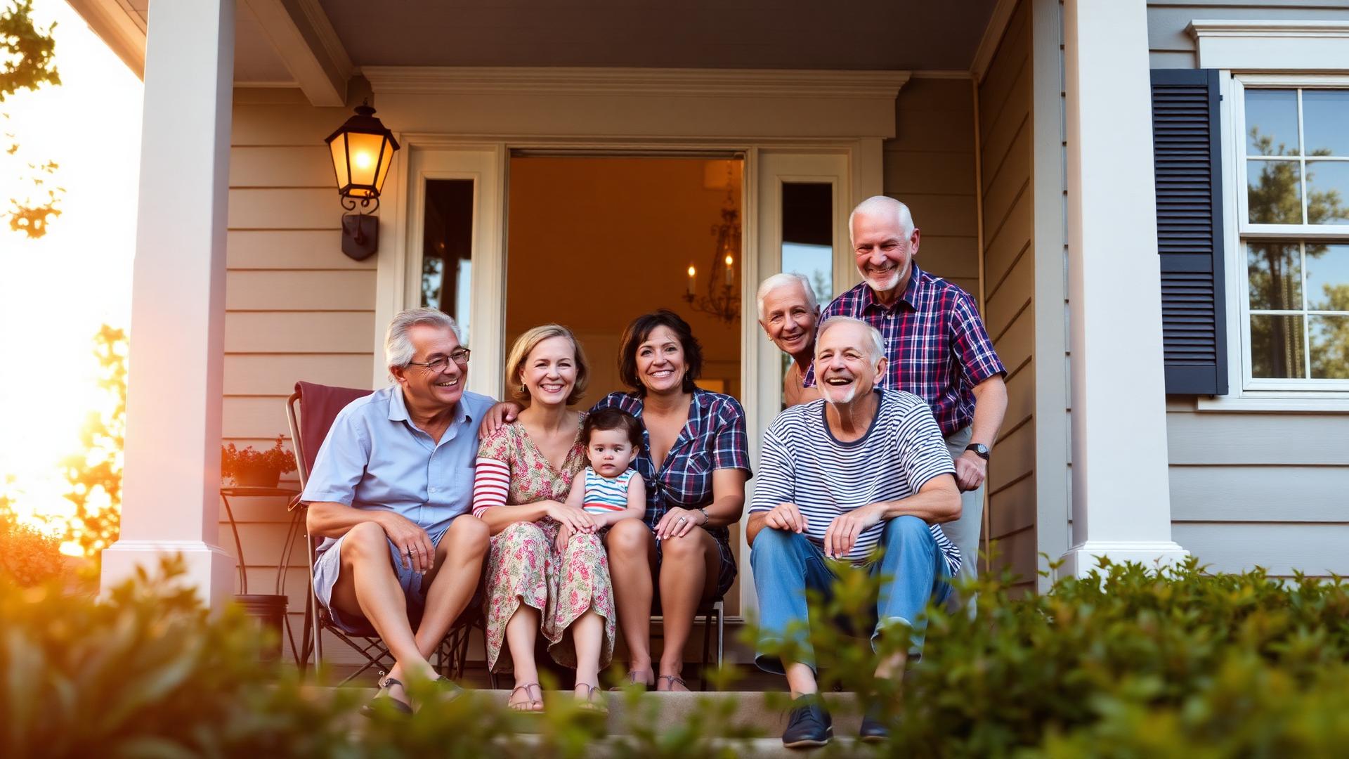 Multigenerational family on the porch of their home
