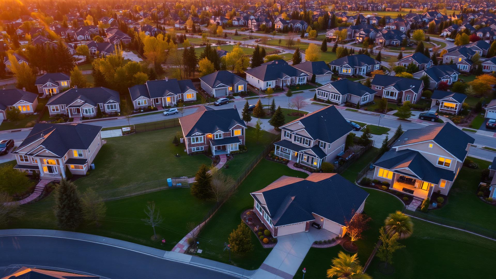 Aerial view of American suburban neighborhood at golden hour